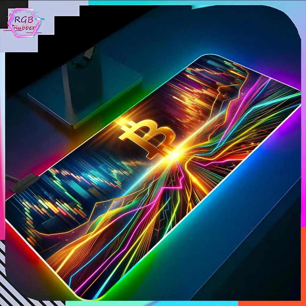 Bitcoin Logo Mouse Pad RGB Pc Accessories LED Game Desk Mat E-sport Table Protector Neon Keyboard Mat Backlit Carpet Rug Give gi