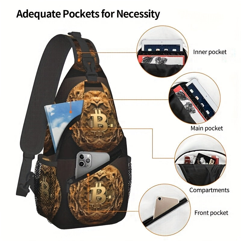 Men's Bitcoin Graphic Sling Bag - Adjustable Strap, Large Capacity, Polyester Fabric, Travel & Hiking Crossbody Pack with Mesh Side Pockets, Stylish Bitcoin Logo Design