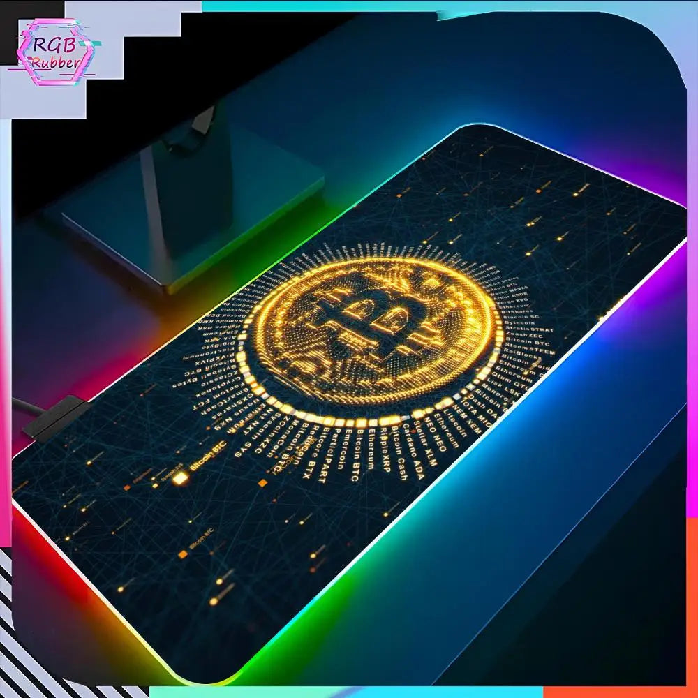 Alfombrilla de ratón con logotipo de Bitcoin, accesorios para PC RGB, alfombrilla de escritorio para juegos LED, protector de mesa para deportes electrónicos, alfombrilla de teclado de neón, alfombra retroiluminada, regalo 