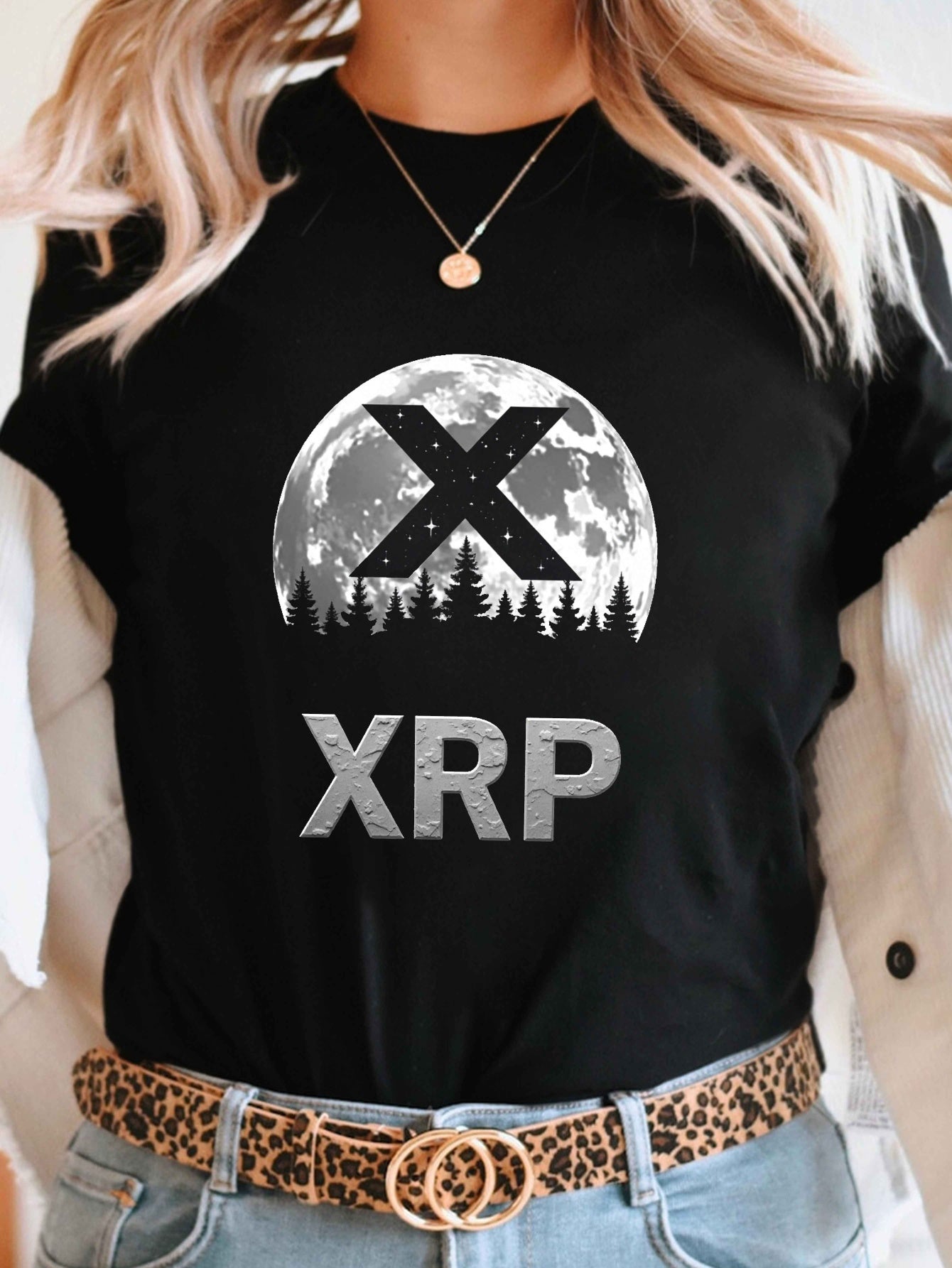 XRP Moon Design Print T-Shirt, Short Sleeve Crew Neck Casual Top for Summer & Spring, Women'S Clothing