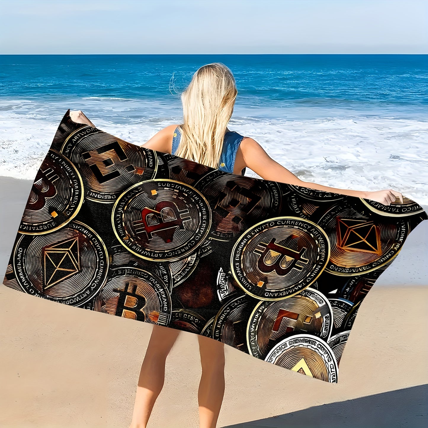 1pc Ultra-Absorbent Quick-Dry Microfiber Beach Towel with Stylish Cryptocurrency Pattern - Lightweight, Soft, and Machine Washable - Perfect for Beach, Pool, Camping, Travel, and Summer Essentials, Beach Essentials | Stylish