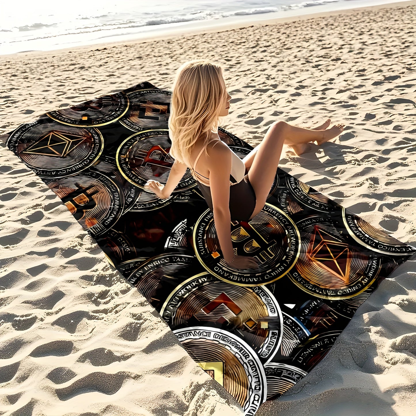 1pc Ultra-Absorbent Quick-Dry Microfiber Beach Towel with Stylish Cryptocurrency Pattern - Lightweight, Soft, and Machine Washable - Perfect for Beach, Pool, Camping, Travel, and Summer Essentials, Beach Essentials | Stylish