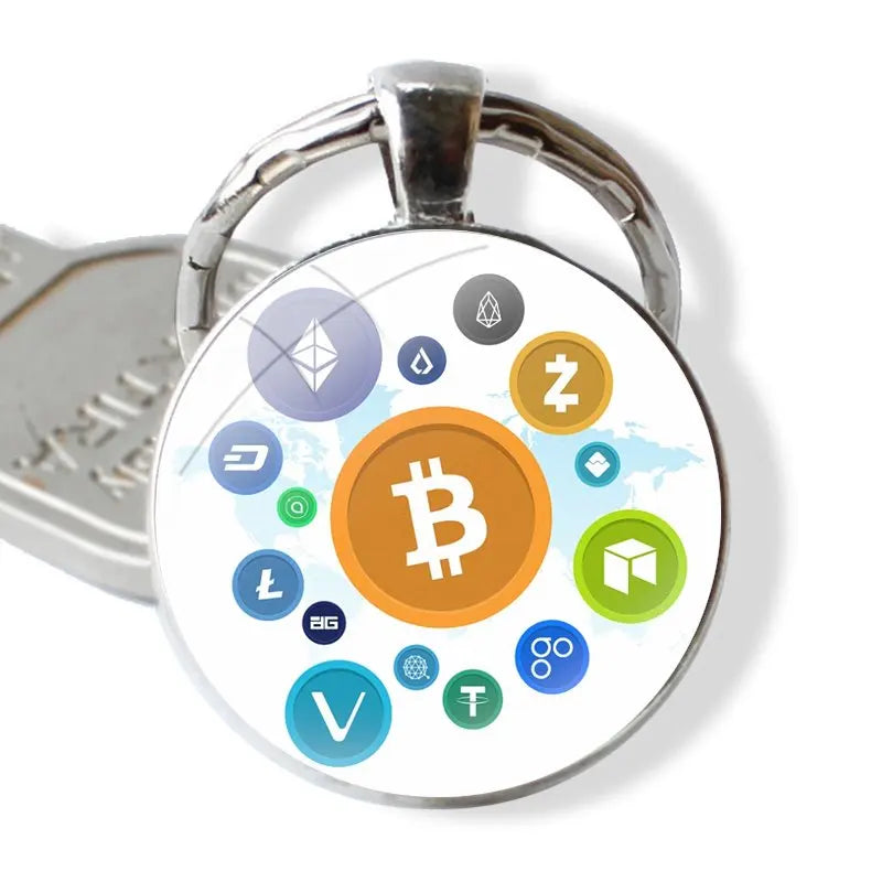 Keychain Handmade Glass Cabochon Key Ring Holder Pendant Key Chains Crypto Cryptocurrency Coins Altcoin Blockchain Logo