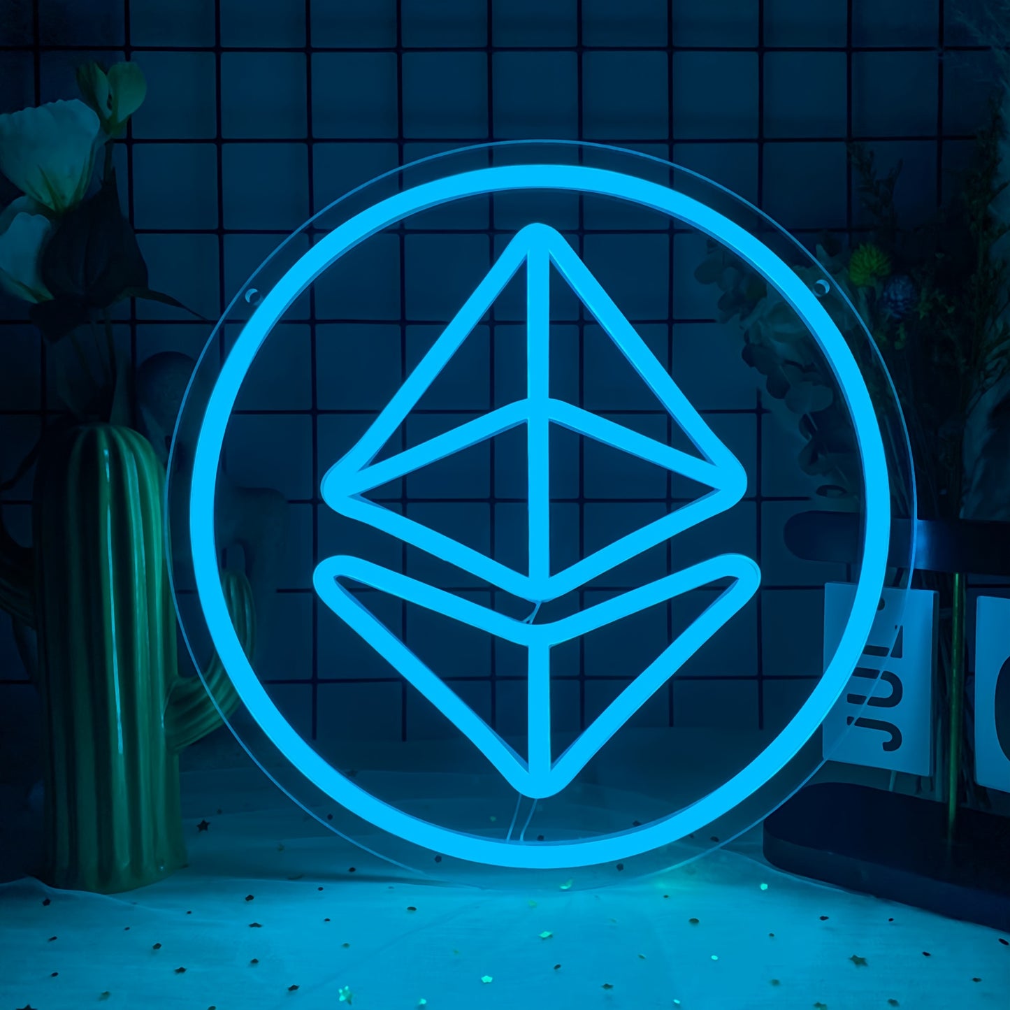 1pc Ethereum LED Neon Sign - USB Powered, Blue Illuminated Crypto Logo for Bedroom & Tech Enthusiasts, Wall-Mountable, Switch-Controlled, Versatile Use