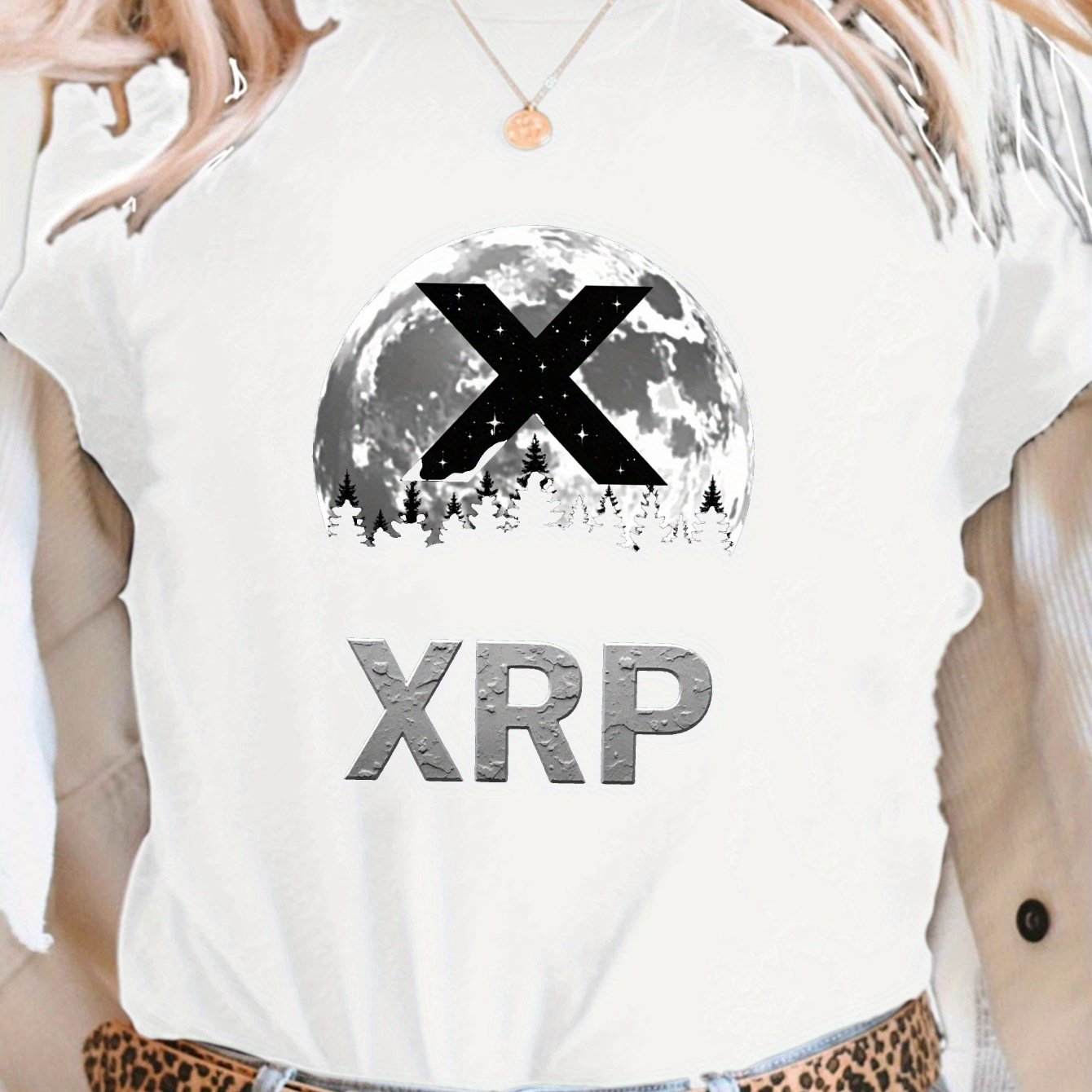 XRP Moon Design Print T-Shirt, Short Sleeve Crew Neck Casual Top for Summer & Spring, Women'S Clothing