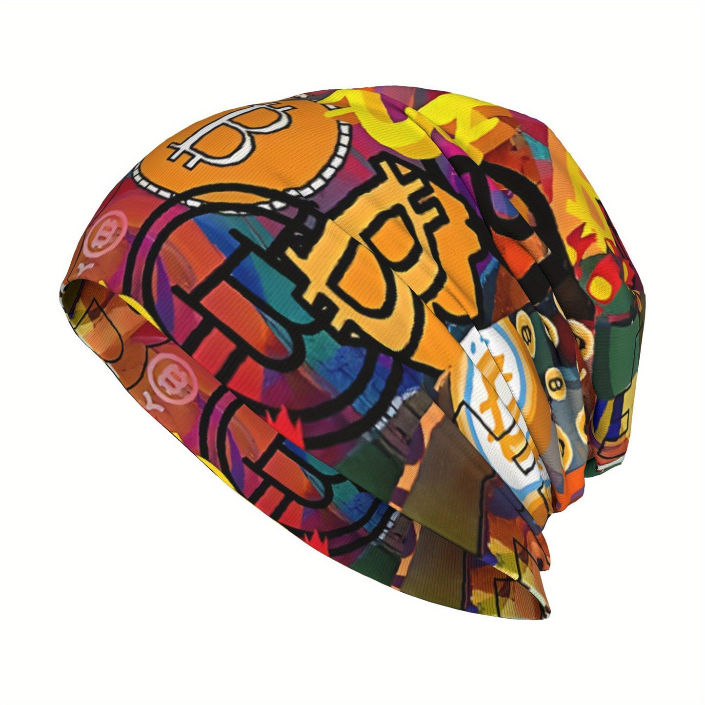 Vibrant Bitcoin Graffiti Beanie - Lightweight, Stretchy Knit Cap for Spring & Autumn, Hand-Washable, Colorful Crypto-Themed Design