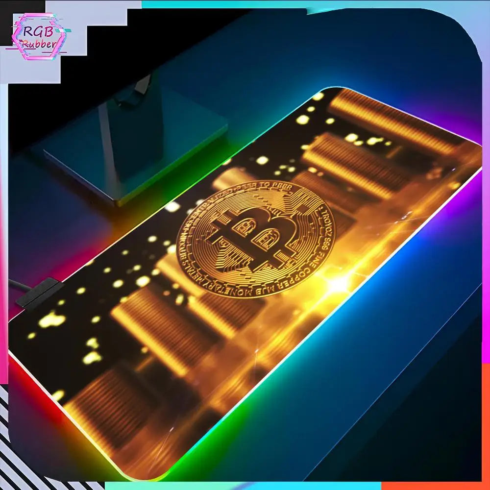 Bitcoin Logo Mouse Pad RGB Pc Accessories LED Game Desk Mat E-sport Table Protector Neon Keyboard Mat Backlit Carpet Rug Give gi