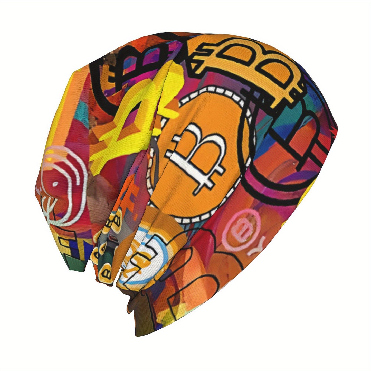 Vibrant Bitcoin Graffiti Beanie - Lightweight, Stretchy Knit Cap for Spring & Autumn, Hand-Washable, Colorful Crypto-Themed Design