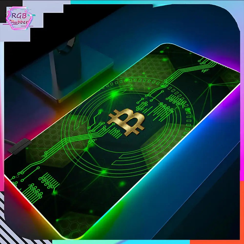 Alfombrilla de ratón con logotipo de Bitcoin, accesorios para PC RGB, alfombrilla de escritorio para juegos LED, protector de mesa para deportes electrónicos, alfombrilla de teclado de neón, alfombra retroiluminada, regalo 