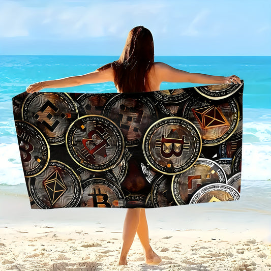 1pc Ultra-Absorbent Quick-Dry Microfiber Beach Towel with Stylish Cryptocurrency Pattern - Lightweight, Soft, and Machine Washable - Perfect for Beach, Pool, Camping, Travel, and Summer Essentials, Beach Essentials | Stylish