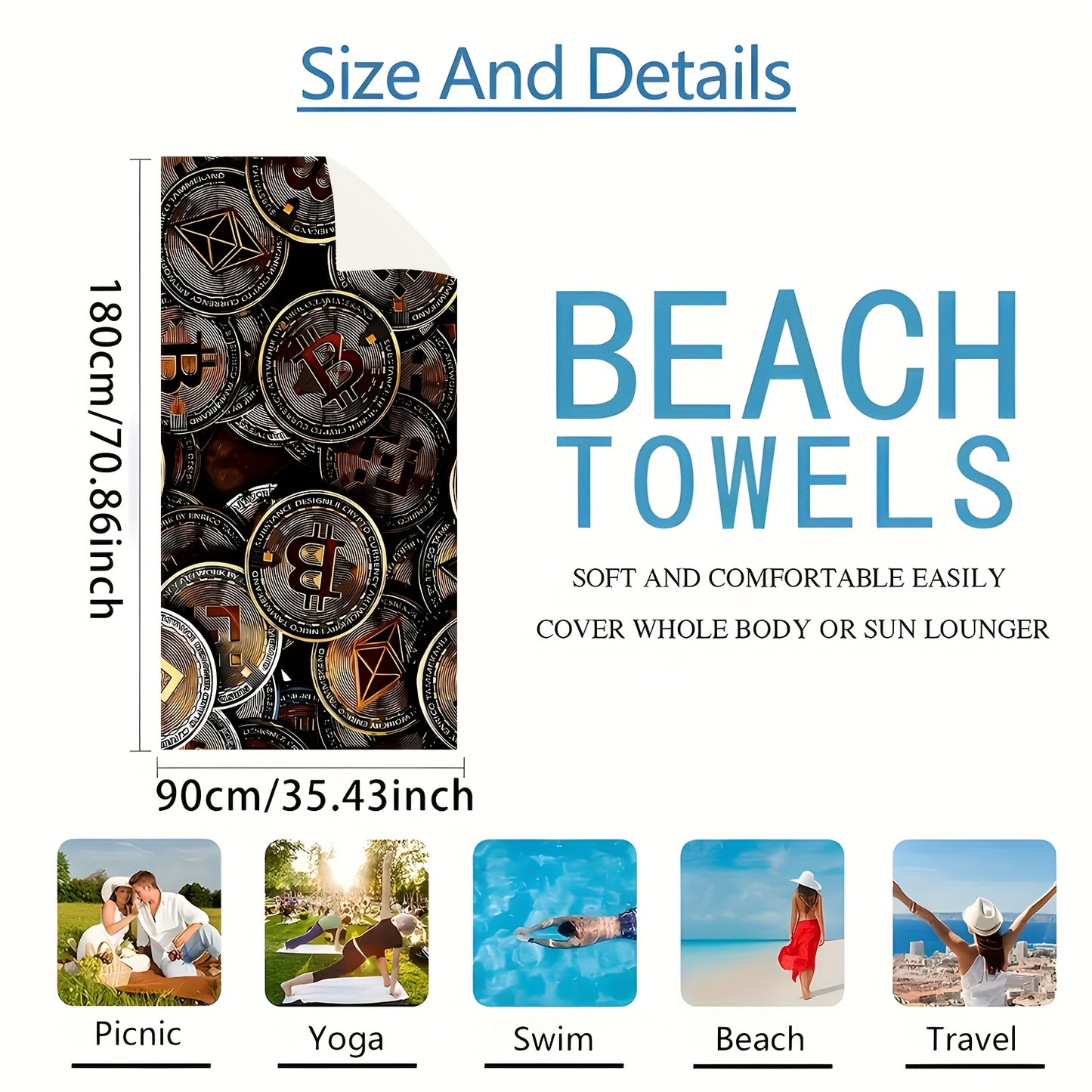 1pc Ultra-Absorbent Quick-Dry Microfiber Beach Towel with Stylish Cryptocurrency Pattern - Lightweight, Soft, and Machine Washable - Perfect for Beach, Pool, Camping, Travel, and Summer Essentials, Beach Essentials | Stylish