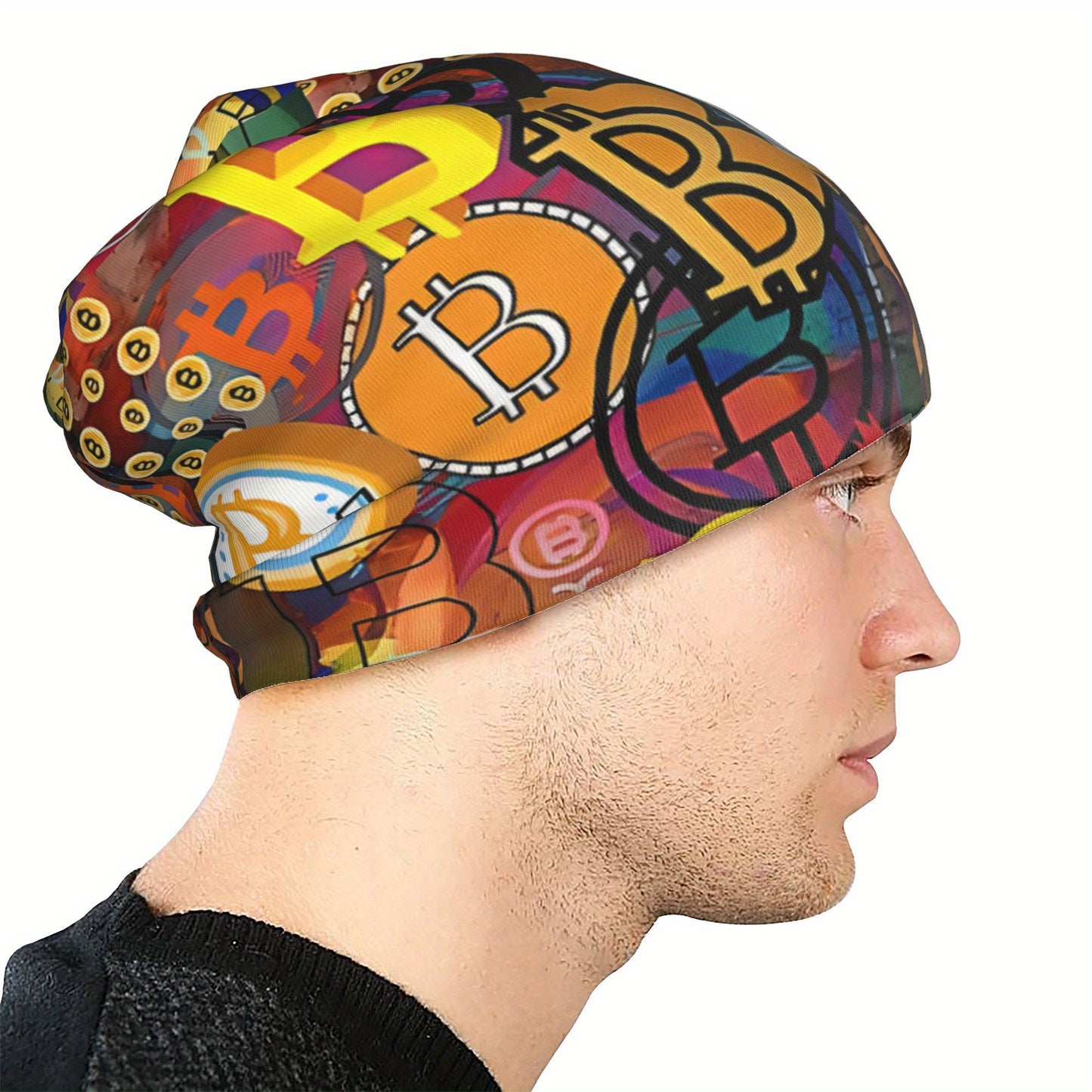 Vibrant Bitcoin Graffiti Beanie - Lightweight, Stretchy Knit Cap for Spring & Autumn, Hand-Washable, Colorful Crypto-Themed Design