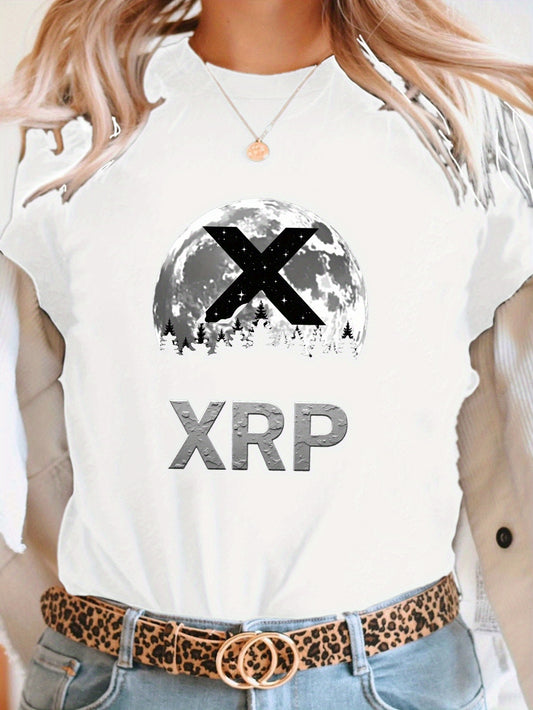 XRP Moon Design Print T-Shirt, Short Sleeve Crew Neck Casual Top for Summer & Spring, Women'S Clothing