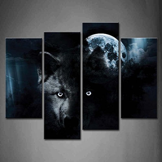 4 Panel Wall Art Black Wolf and Full Moon Painting The Picture Print On Canvas Animal Pictures for Home Decor Decoration Gift Piece