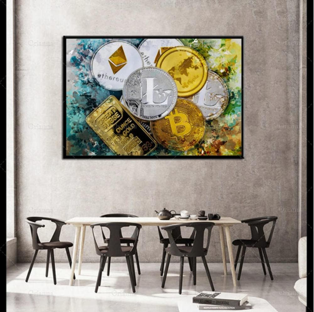 HYSBOHS Bitcoin Canvas Print Abstract Cryptocurrency Painting, Wall Art Poster, 50x70cm,