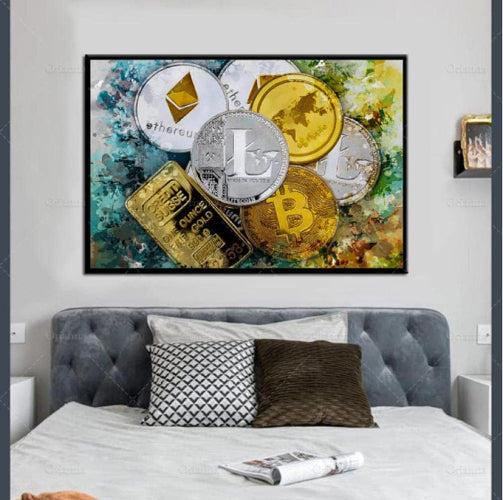 HYSBOHS Bitcoin Canvas Print Abstract Cryptocurrency Painting, Wall Art Poster, 50x70cm,