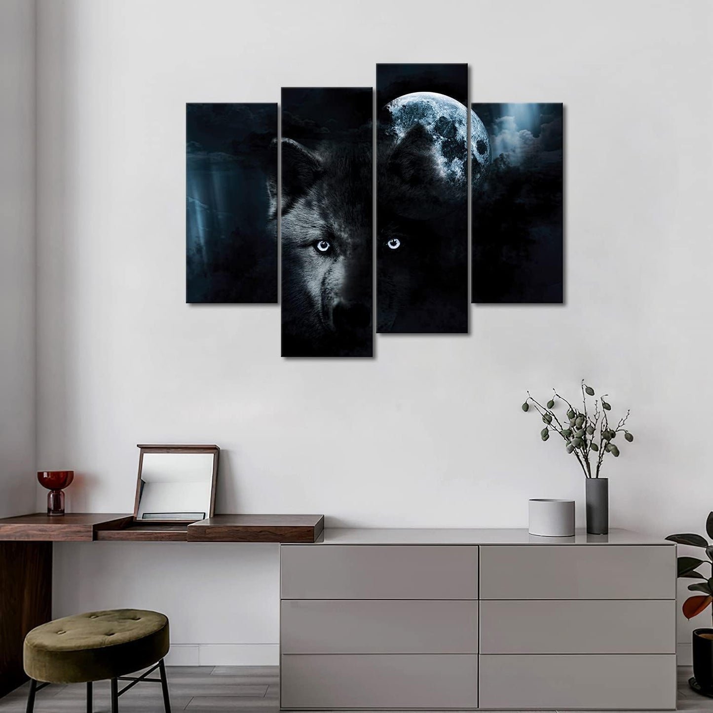 4 Panel Wall Art Black Wolf and Full Moon Painting The Picture Print On Canvas Animal Pictures for Home Decor Decoration Gift Piece