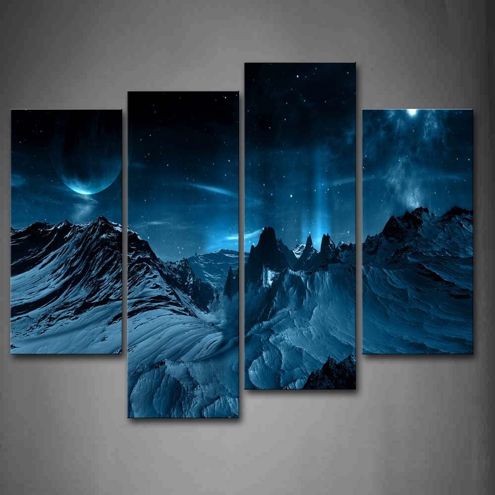 Stars and Mountain Wall Art Painting Blue Night Sky Pictures Print On Canvas Space Picture for Home Modern Decoration