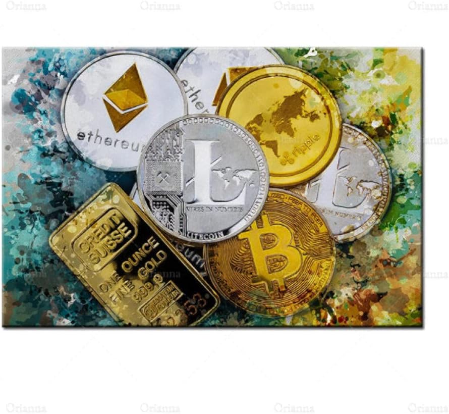 HYSBOHS Bitcoin Canvas Print Abstract Cryptocurrency Painting, Wall Art Poster, 50x70cm,