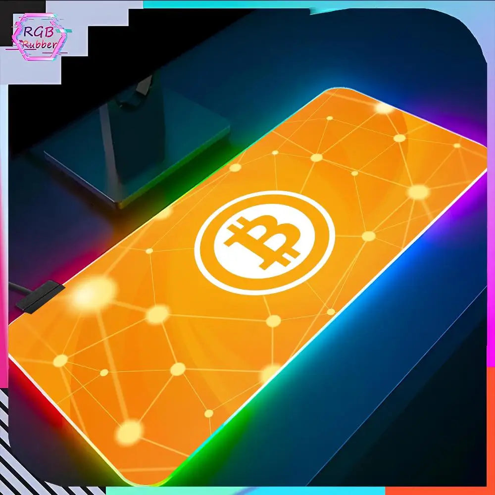 Alfombrilla de ratón con logotipo de Bitcoin, accesorios para PC RGB, alfombrilla de escritorio para juegos LED, protector de mesa para deportes electrónicos, alfombrilla de teclado de neón, alfombra retroiluminada, regalo 