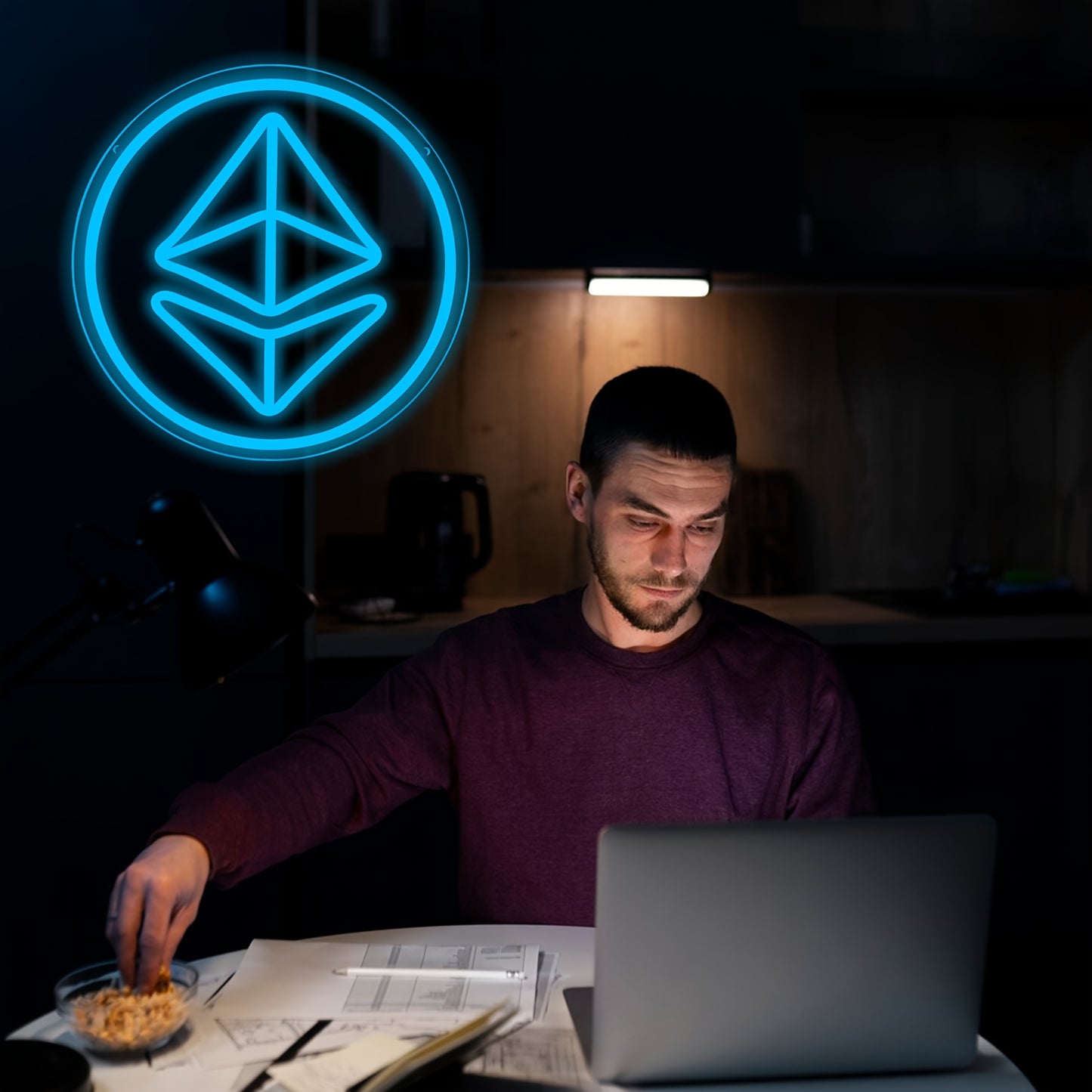 1pc Ethereum LED Neon Sign - USB Powered, Blue Illuminated Crypto Logo for Bedroom & Tech Enthusiasts, Wall-Mountable, Switch-Controlled, Versatile Use