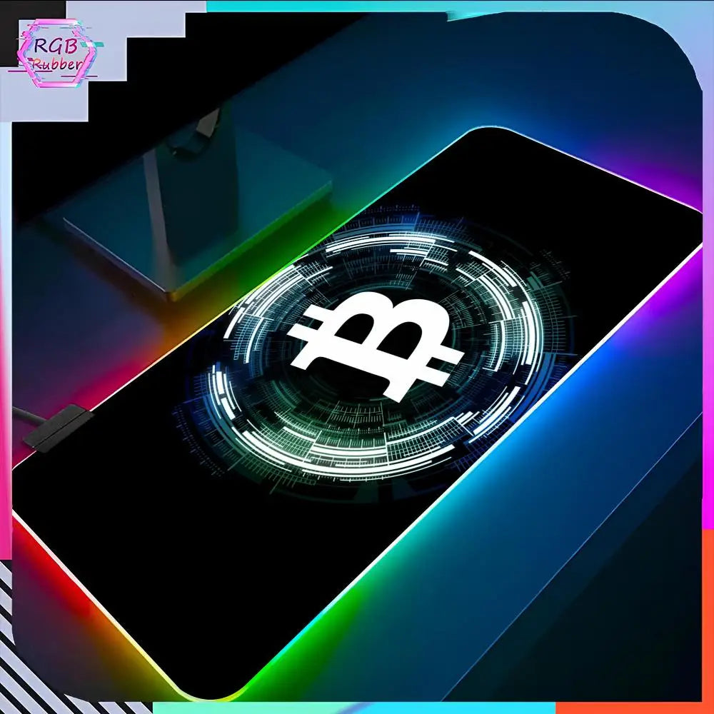 Bitcoin Logo Mouse Pad RGB Pc Accessories LED Game Desk Mat E-sport Table Protector Neon Keyboard Mat Backlit Carpet Rug Give gi