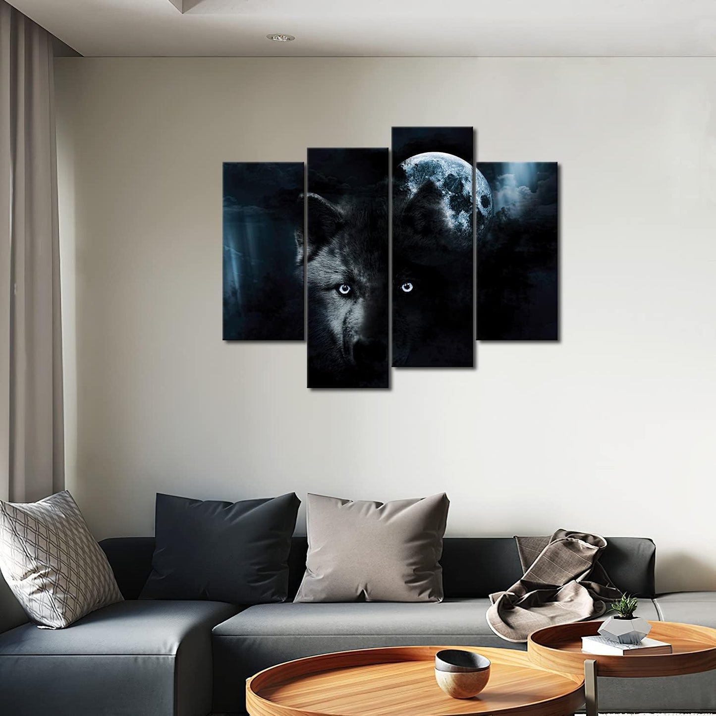 4 Panel Wall Art Black Wolf and Full Moon Painting The Picture Print On Canvas Animal Pictures for Home Decor Decoration Gift Piece