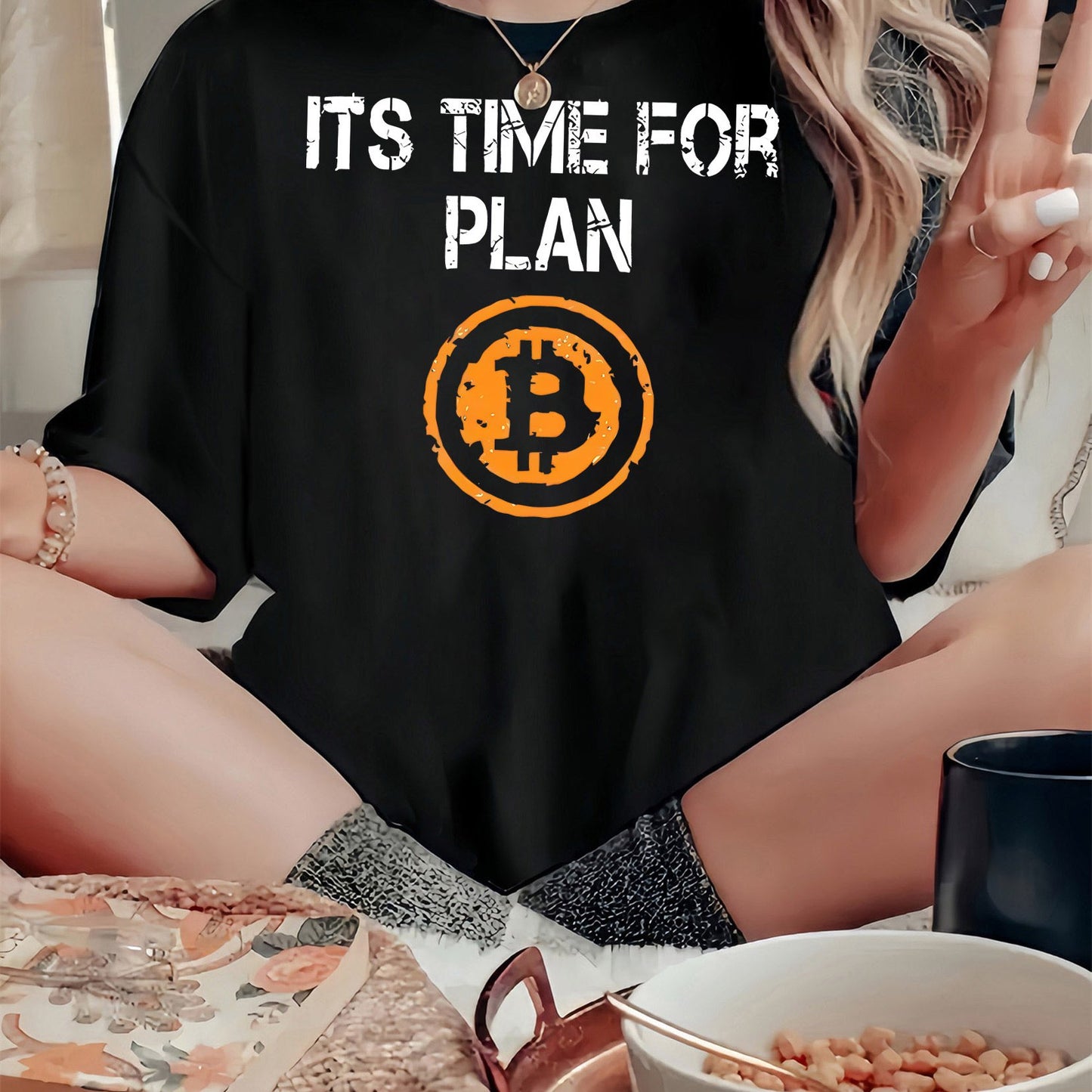 [Medium Stretch Bitcoin Graphic Tee] Women'S Casual Crew Neck T-Shirt, Polyester Blend, Medium Stretch Knit Fabric, with Bitcoin Graphic and "It'S Time For Plan" Print, for All Seasons