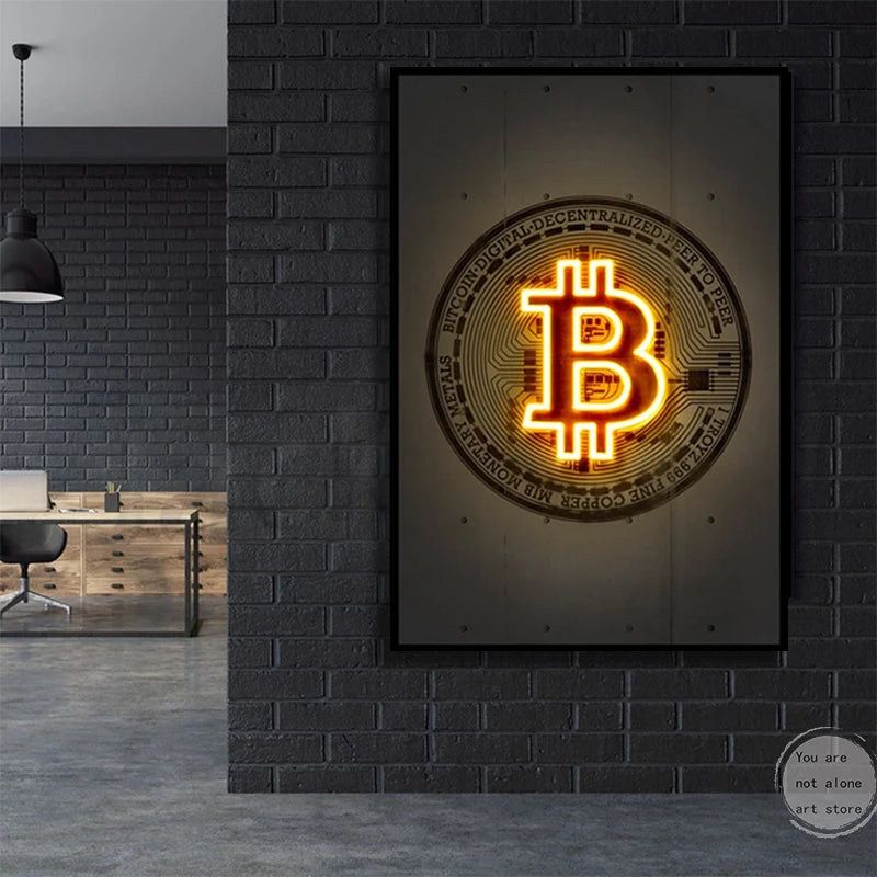 Póster de arte de Bitcoin y Ethereum de estilo neón abstracto moderno, pintura en lienzo, impresión de pared, imagen para sala de estar, decoración del hogar, Cuadros 