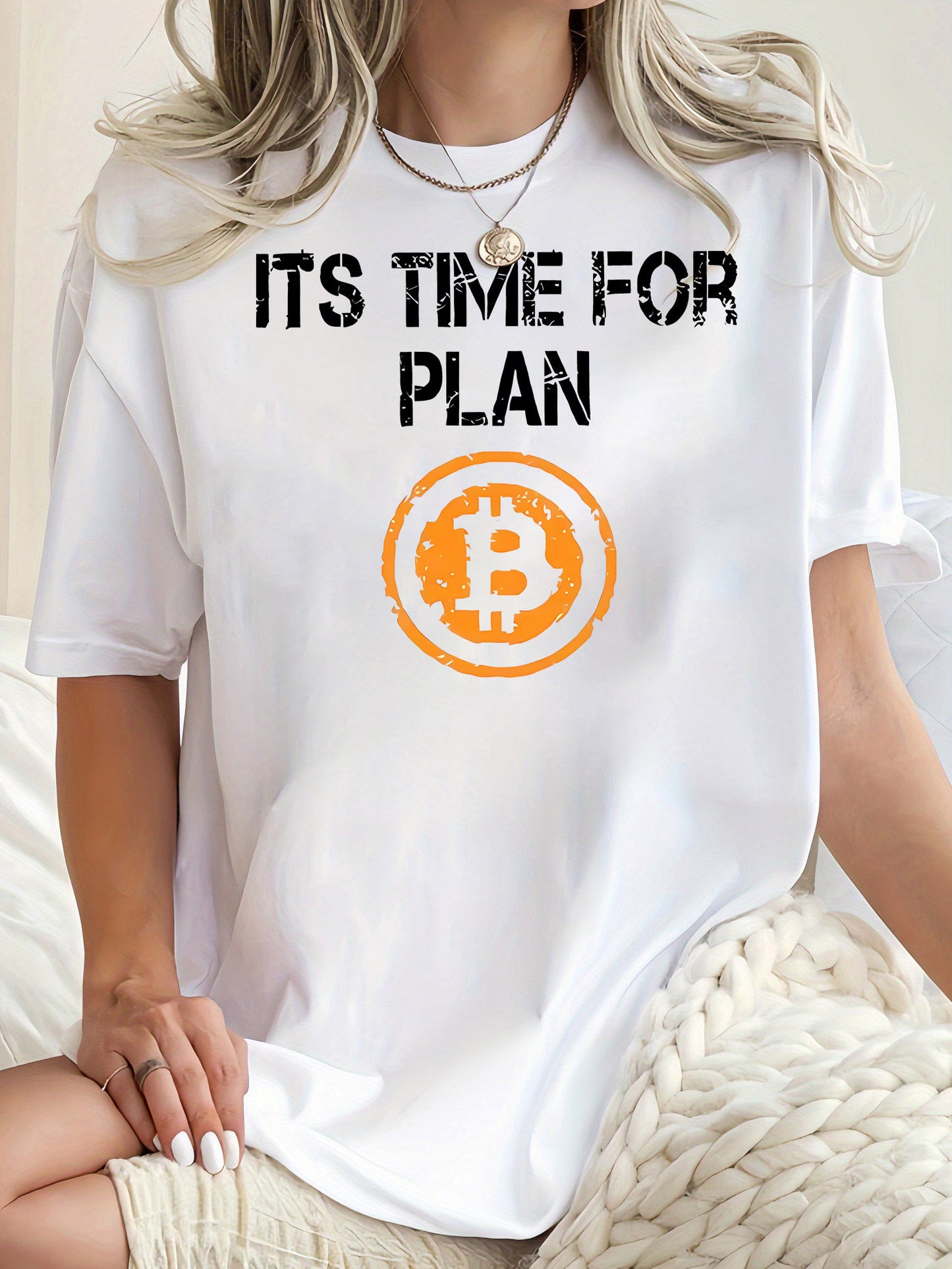 [Medium Stretch Bitcoin Graphic Tee] Women'S Casual Crew Neck T-Shirt, Polyester Blend, Medium Stretch Knit Fabric, with Bitcoin Graphic and "It'S Time For Plan" Print, for All Seasons