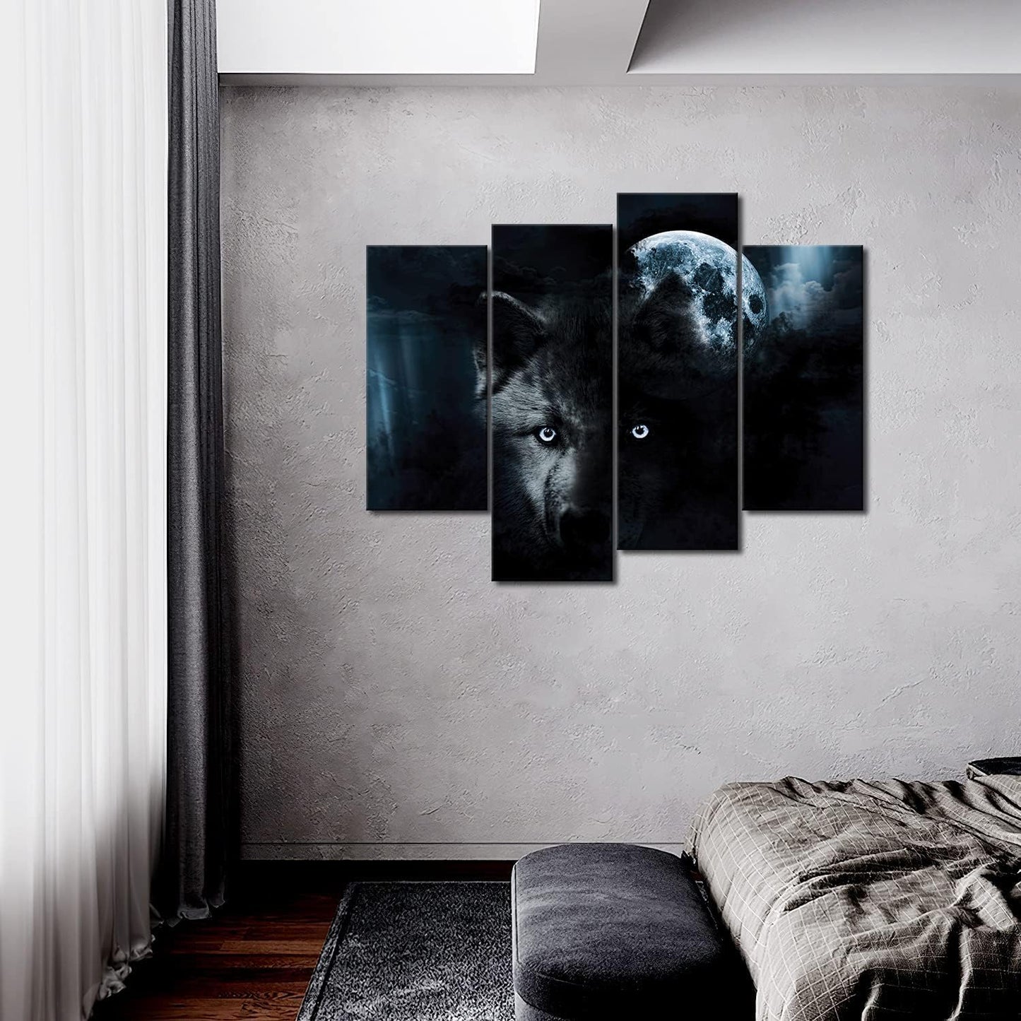 4 Panel Wall Art Black Wolf and Full Moon Painting The Picture Print On Canvas Animal Pictures for Home Decor Decoration Gift Piece