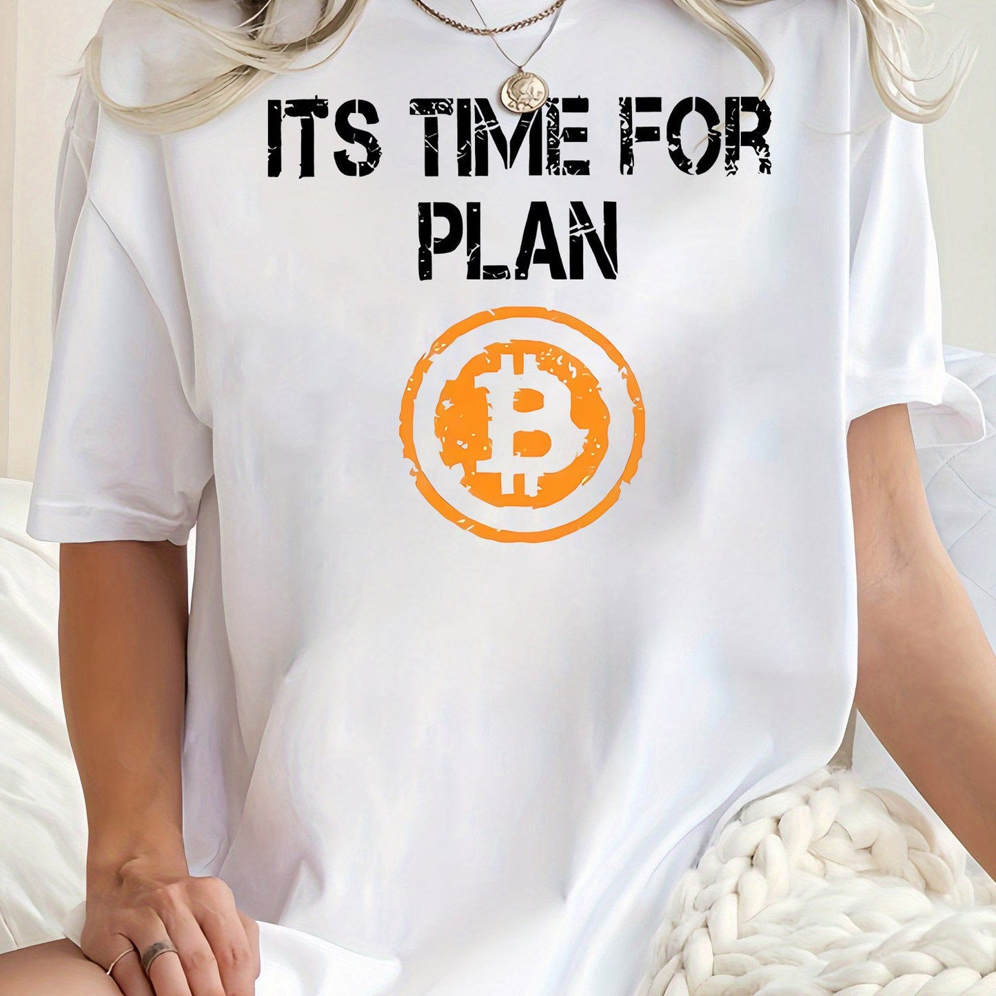 [Medium Stretch Bitcoin Graphic Tee] Women'S Casual Crew Neck T-Shirt, Polyester Blend, Medium Stretch Knit Fabric, with Bitcoin Graphic and "It'S Time For Plan" Print, for All Seasons