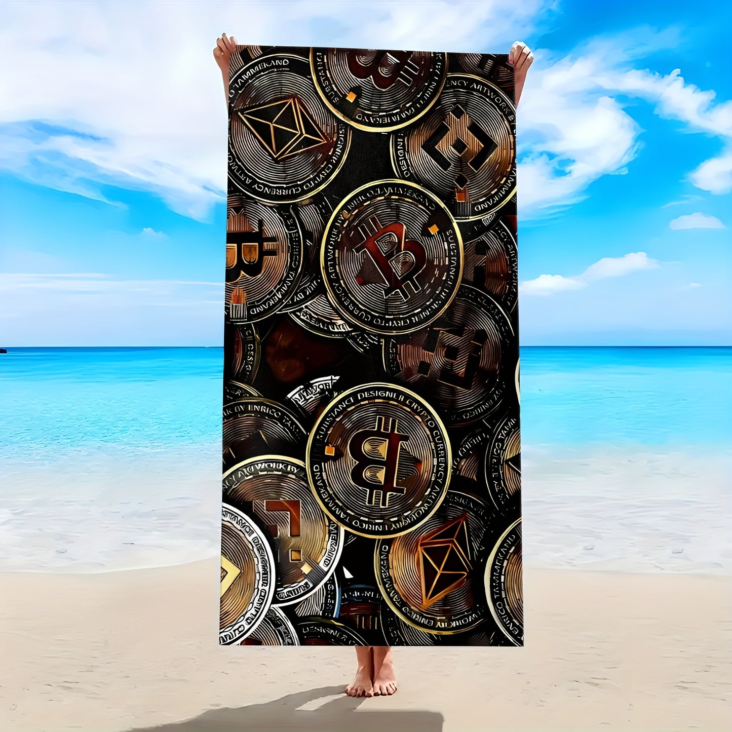 1pc Ultra-Absorbent Quick-Dry Microfiber Beach Towel with Stylish Cryptocurrency Pattern - Lightweight, Soft, and Machine Washable - Perfect for Beach, Pool, Camping, Travel, and Summer Essentials, Beach Essentials | Stylish