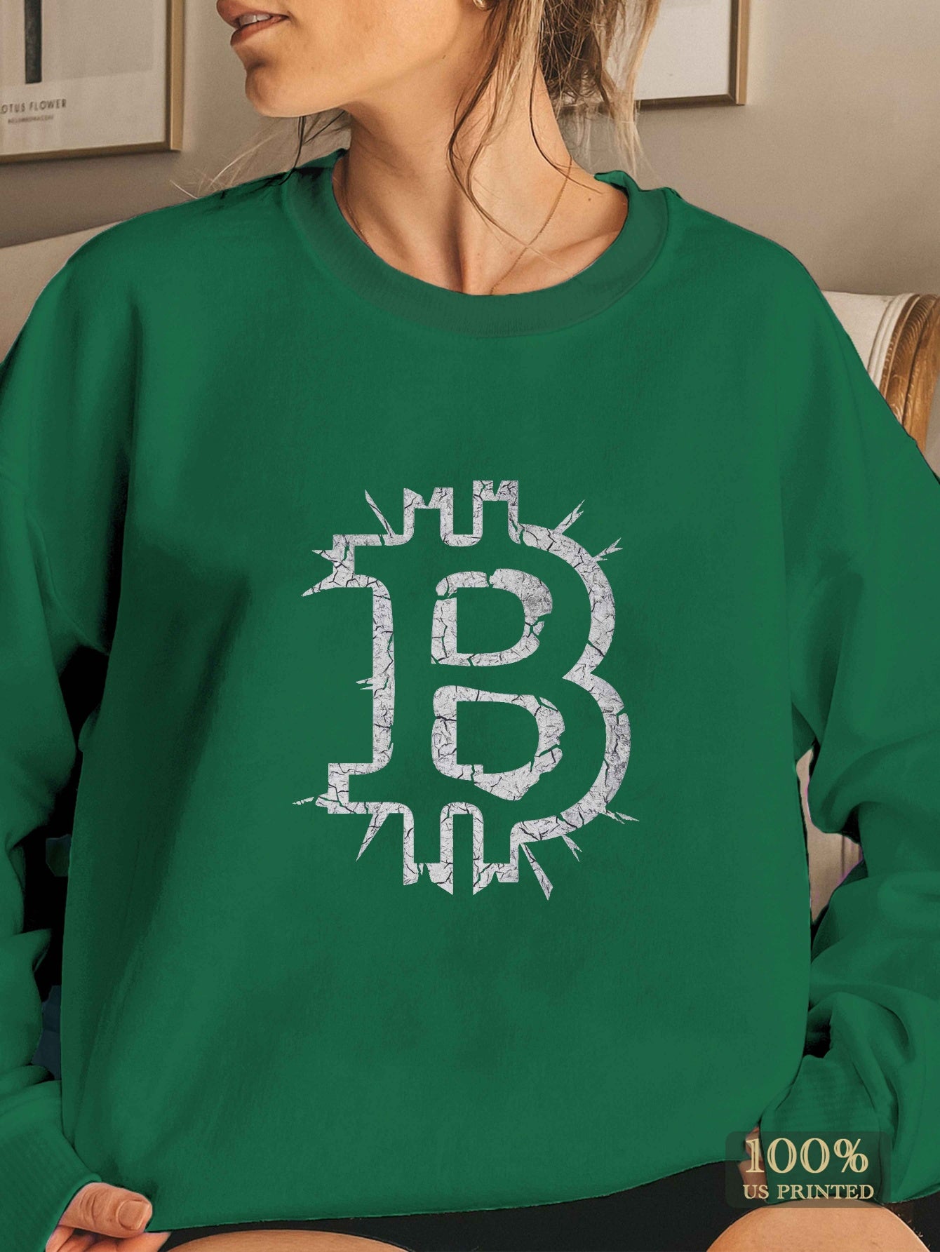 Women's Bitcoin Logo Sweatshirt - Green Crew Neck, 100% Polyester, Casual Fit, Machine Washable - Perfect for Fall/Winter, Crypto Enthusiast Gear|Crew Neck Sweatshirt|Smooth Texture