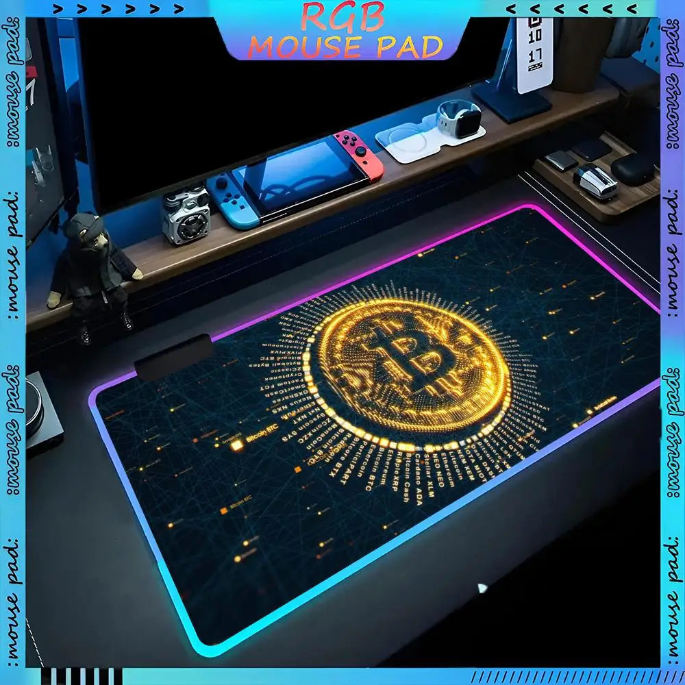 Bitcoin Logo Mouse Pad RGB Pc Accessories LED Game Desk Mat E-sport Table Protector Neon Keyboard Mat Backlit Carpet Rug Give gi