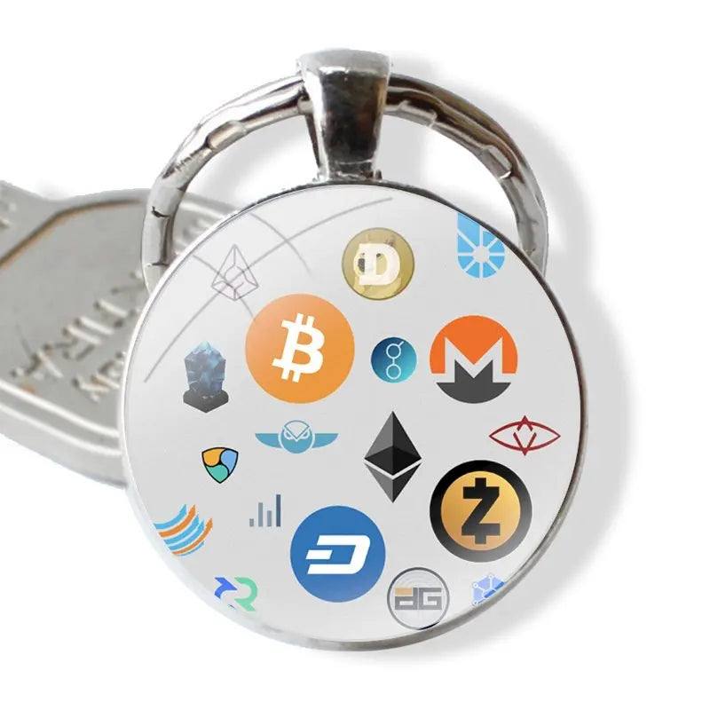 Keychain Handmade Glass Cabochon Key Ring Holder Pendant Key Chains Crypto Cryptocurrency Coins Altcoin Blockchain Logo