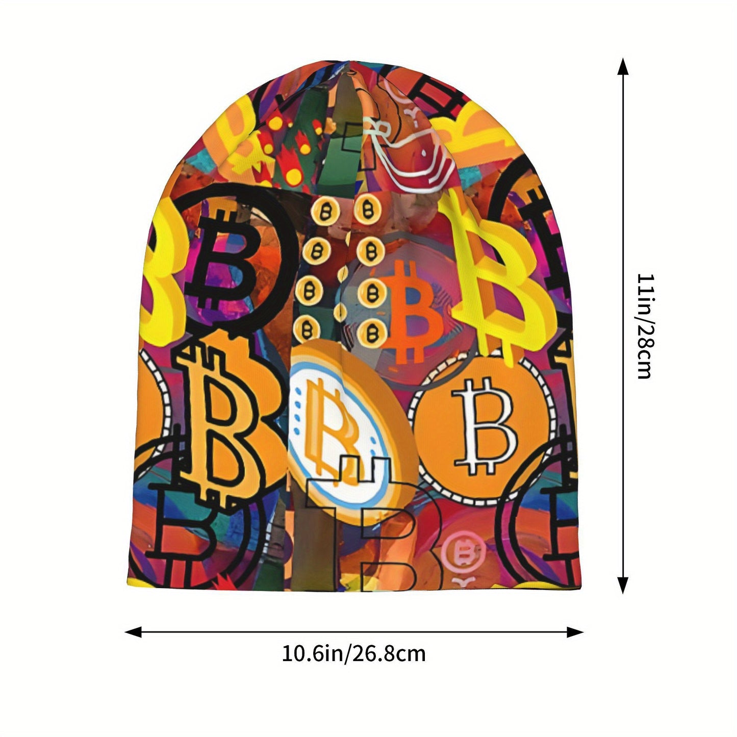 Vibrant Bitcoin Graffiti Beanie - Lightweight, Stretchy Knit Cap for Spring & Autumn, Hand-Washable, Colorful Crypto-Themed Design