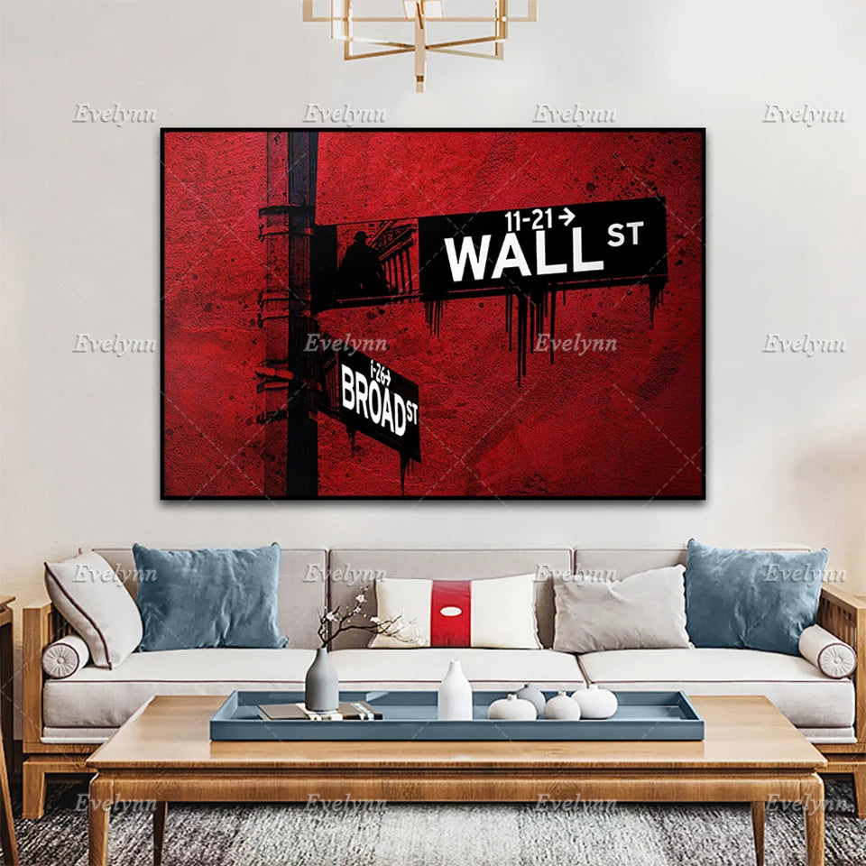 Red Wall St. Canvas Wall Art Poster| Office Decor | Investor,Stock Market,Bitcoin,Crypto,Day Trader | Wall Street Floating Frame