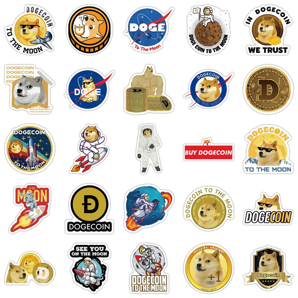 50PCS Dogecoin Stickers Cool Space Astronaut Doge Decal Sticker Toy For DIY Notebook Skateboard Laptop Guitar Helmet Stationery