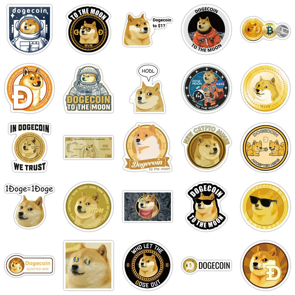 50PCS Dogecoin Stickers Cool Space Astronaut Doge Decal Sticker Toy For DIY Notebook Skateboard Laptop Guitar Helmet Stationery