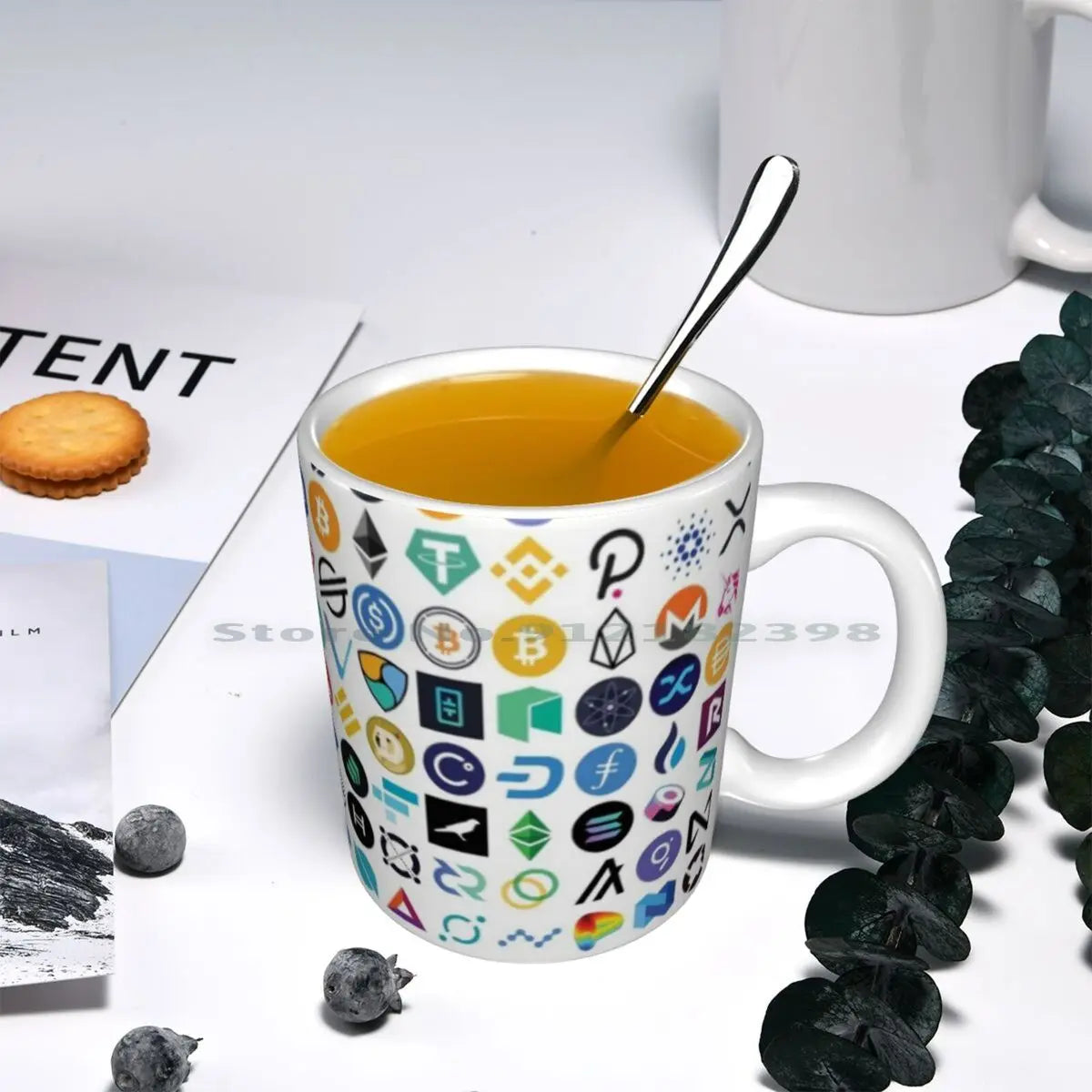 Tazas de cerámica con logotipos de criptomonedas, tazas de café, tazas de té con leche, patrones de criptomonedas, Ethereum, Chainlink, token Defi, Bitcoin, Btc, criptomonedas