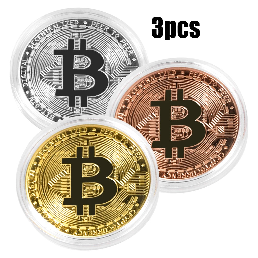 Colección de arte coleccionable de monedas de Bitcoin chapadas en oro de 3 piezas, regalo físico conmemorativo, Casascius Bit BTC, imitación de metal antiguo