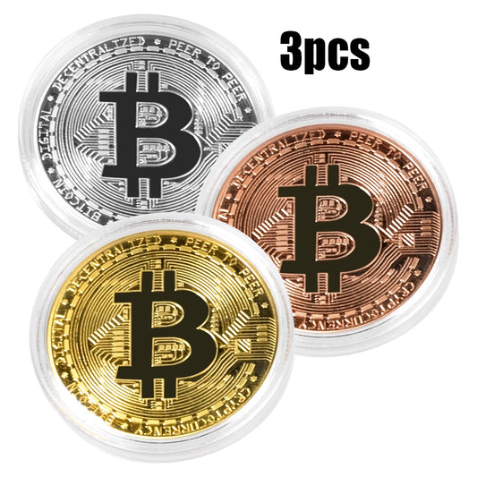 3Pcs Gold Plated Bitcoin Coin Collectible Art Collection Gift Physical Commemorative Casascius Bit BTC Metal Antique Imitation