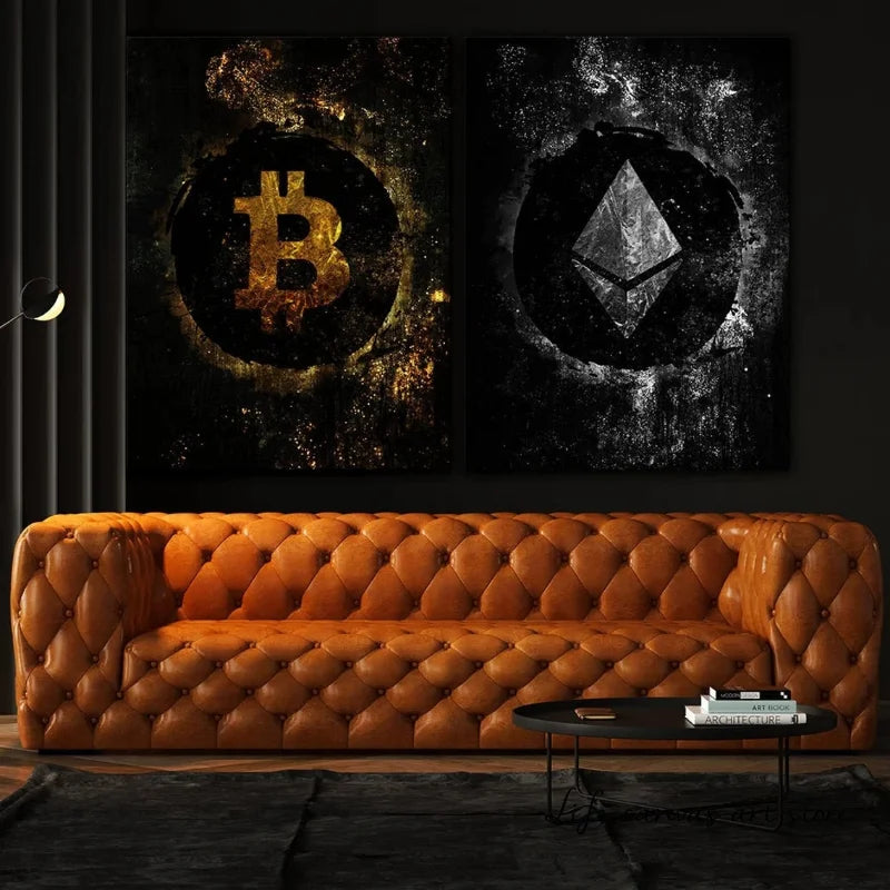 Abstract Bitcoin & Ethereum ETH BTC Cryptocurrency Crypto Gold Silver Art Poster Canvas Painting Wall Prints Picture Home Decor