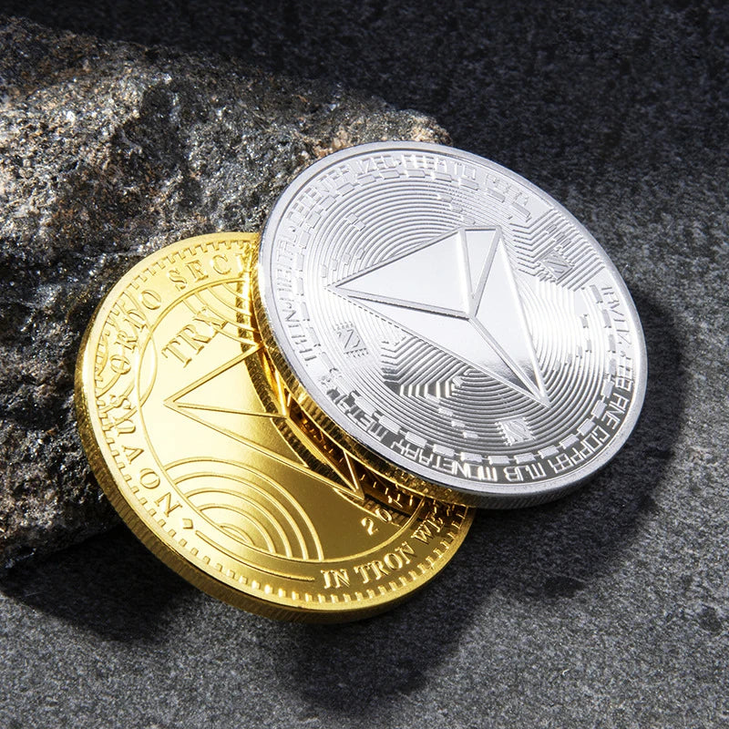 Pièce TRON Pièce TRX Pièce cryptographique en métal plaqué or et argent avec étui en plastique Pièce commémorative Collection d'art Cadeau