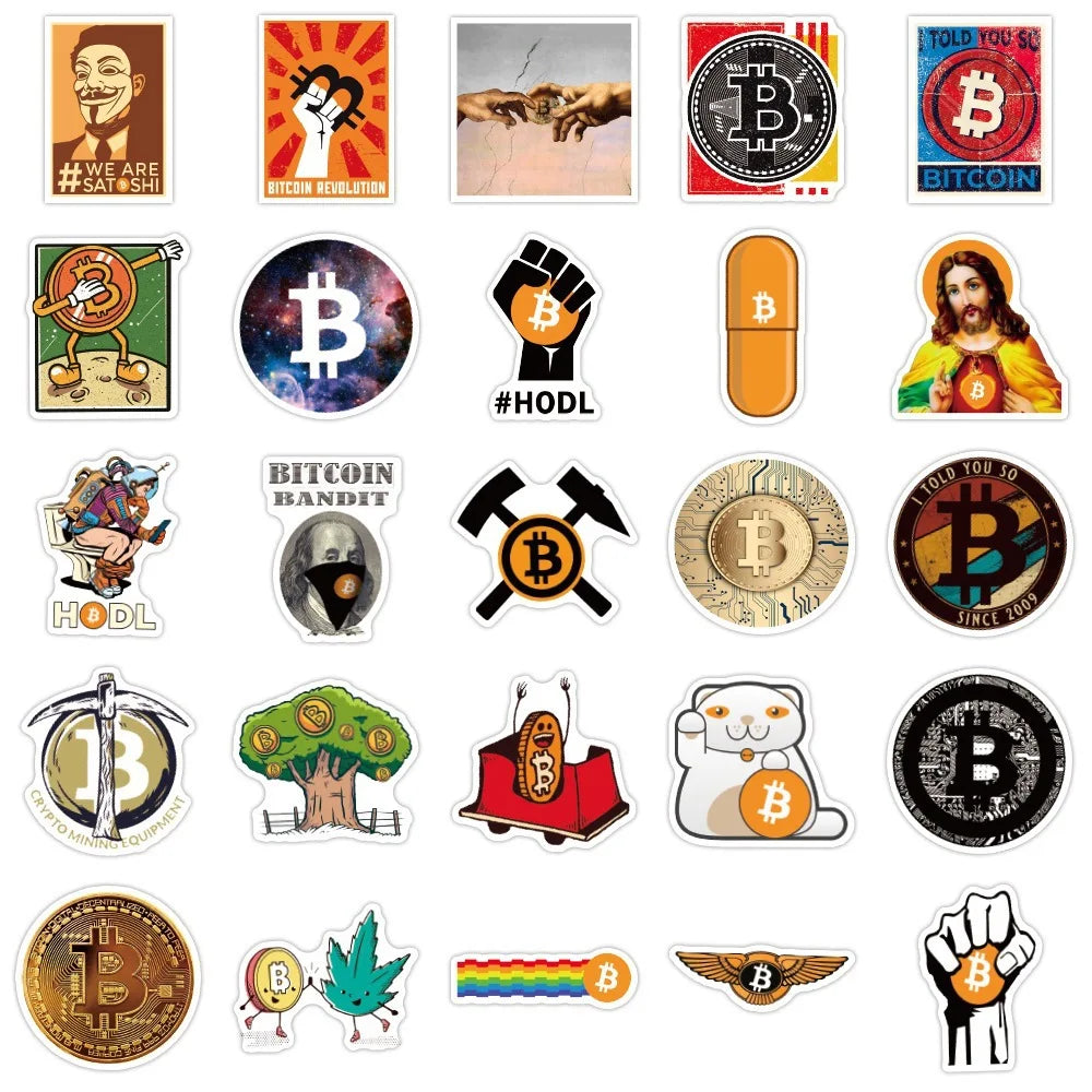 10/30/50PCS Bitcoin Moneda virtual encriptada BTC Pegatinas de grafiti de dibujos animados Equipaje Guitarra Patineta Calcomanía divertida para niños