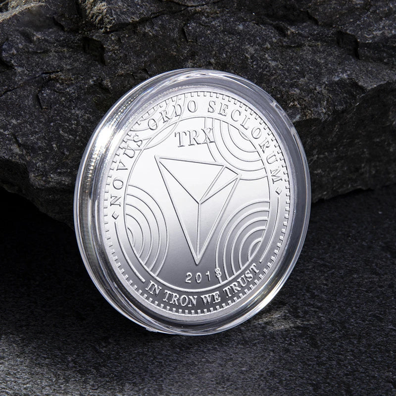 TRON Coin TRX Coin Gold, Silver Plated Physical Metal Crypto TRX Coin with Plastic Case Commemorative Coin Art Collection Gift