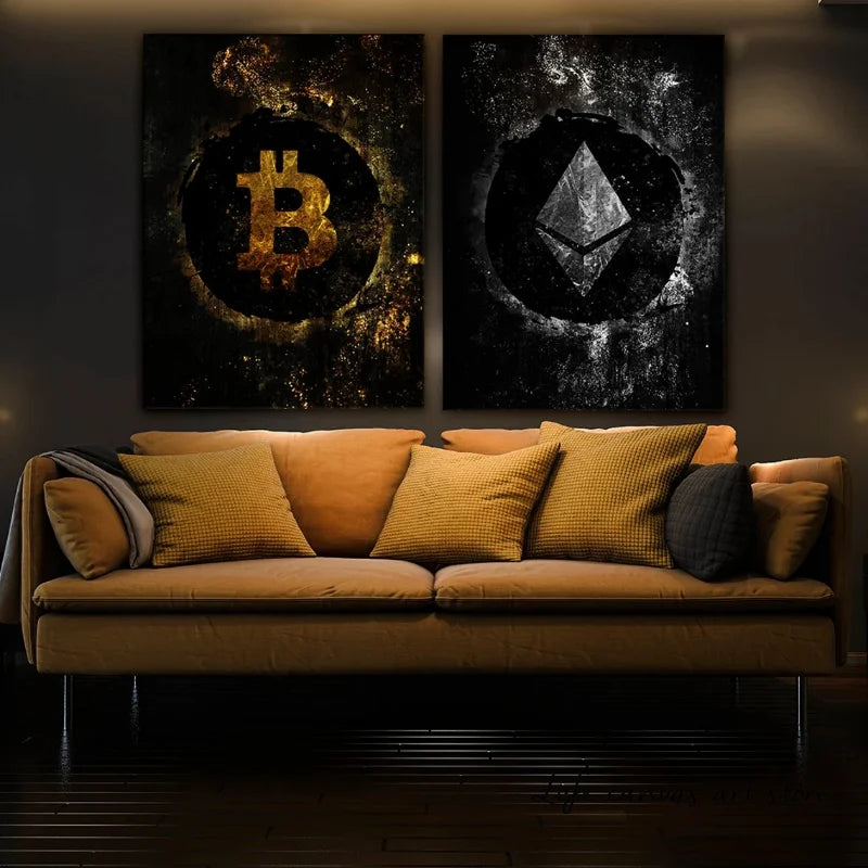 Abstract Bitcoin & Ethereum ETH BTC Cryptocurrency Crypto Gold Silver Art Poster Canvas Painting Wall Prints Picture Home Decor