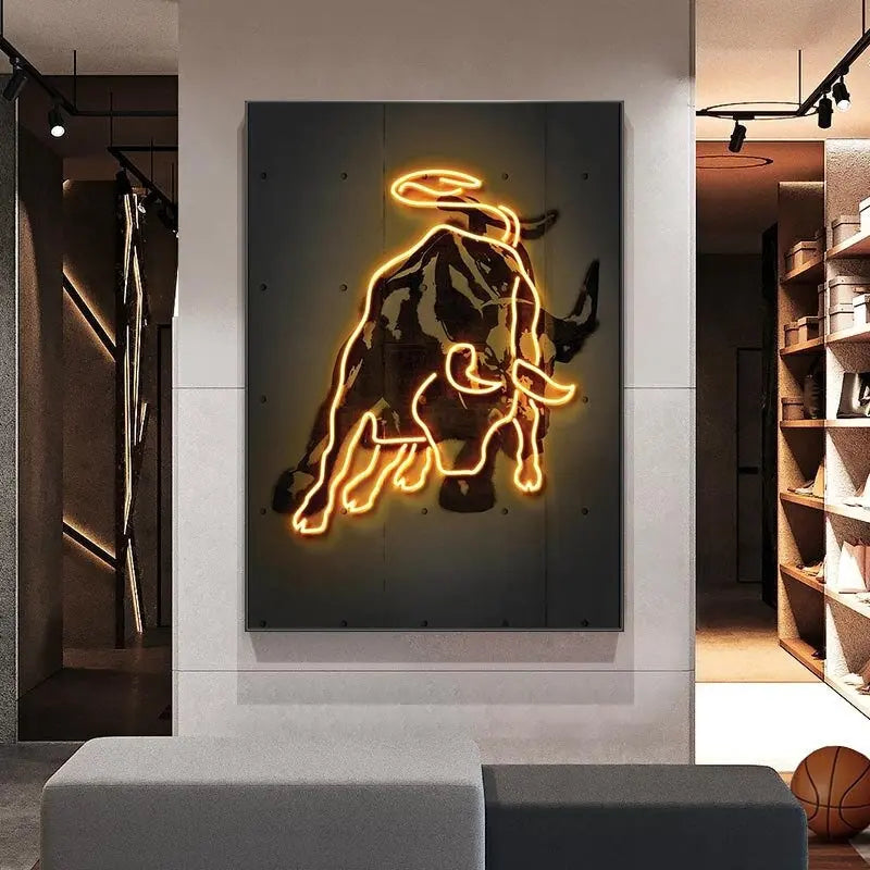 Neon Bitcoin Bull Crypto Gold Wall Art