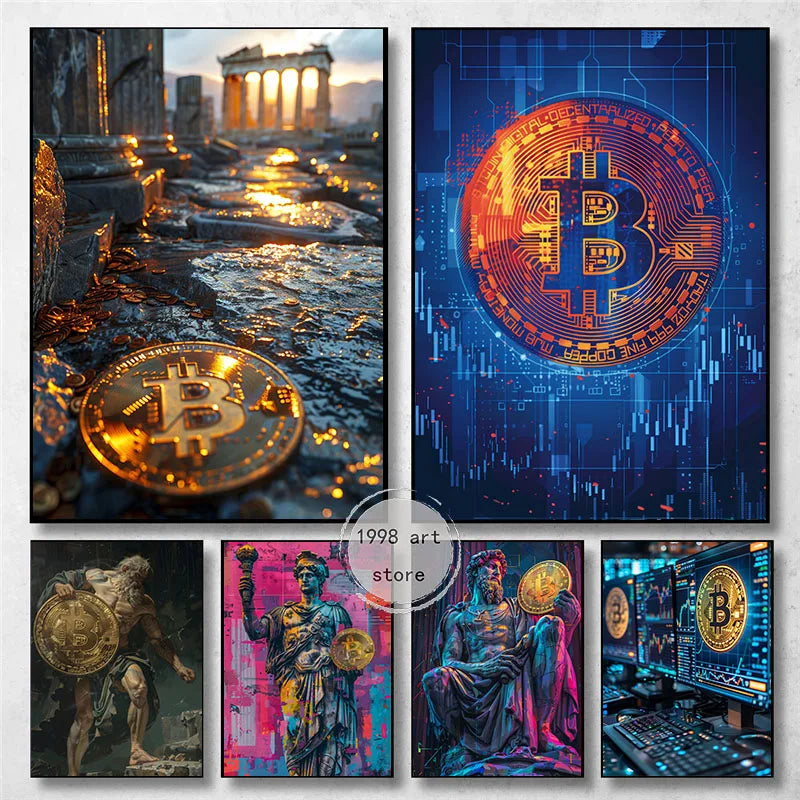 Modern The Creation of Bitcoin Crypto Greek God Portrait Art Poster Canvas Painting Wall Prints Picture Living Room Home Decor